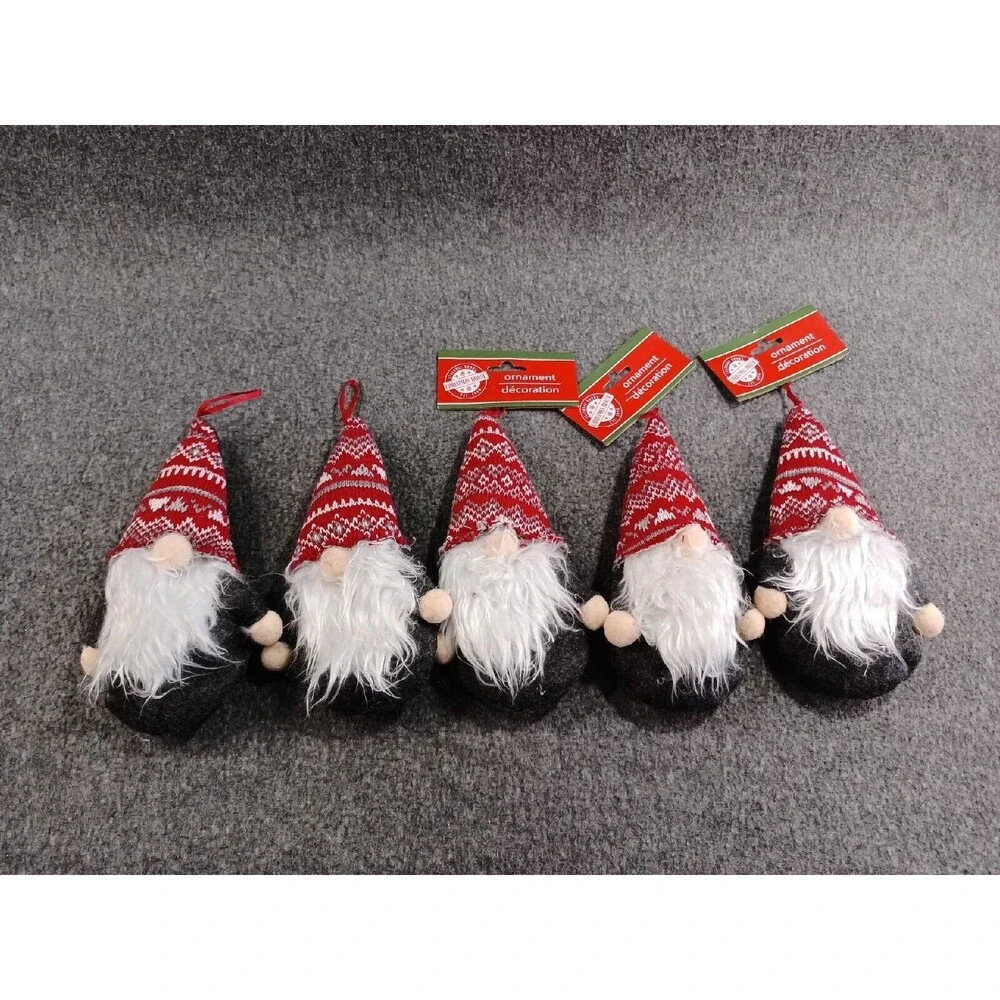 Lot of 5 Plush Christmas Gnomes Hanging Ornaments Decorations Gray With Red Hats